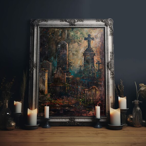 Gloomy Cemetery Stone Crosses Foggy Painterly Graveyard Art Poster