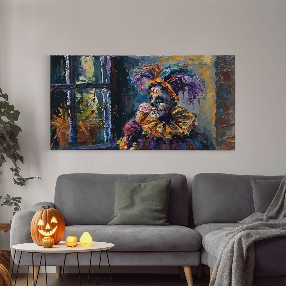 Spooky Court Jester Eating Pink Ice Cream Funny Halloween Wall Art - Image 4