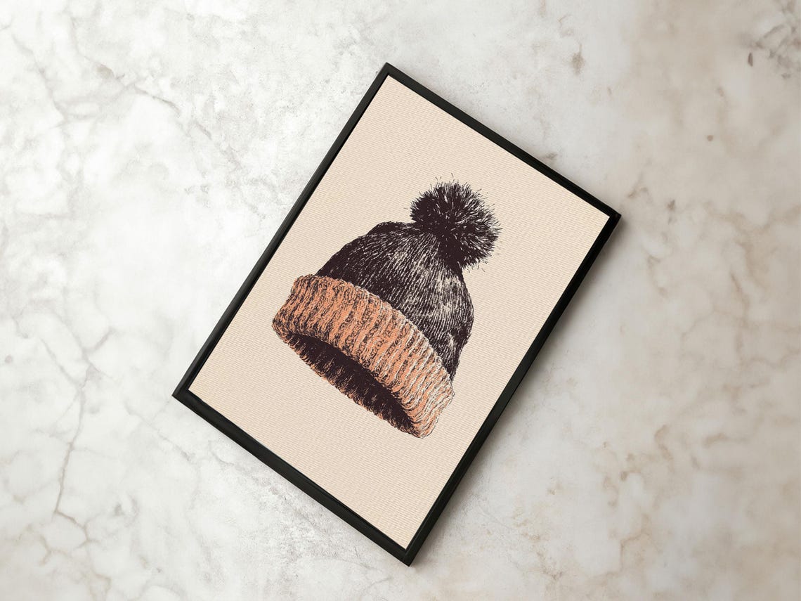 Knit Winter Beanie With Pom Pom Vintage Sketch Minimalist Art Print - Image 6