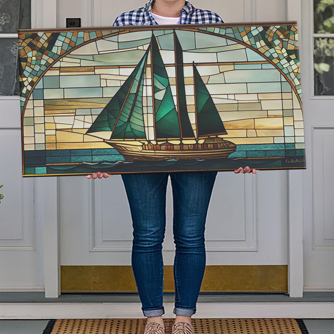 Emerald Sailboat Stained Glass Art Deco Nautical Mosaic Ocean Poster - Image 4