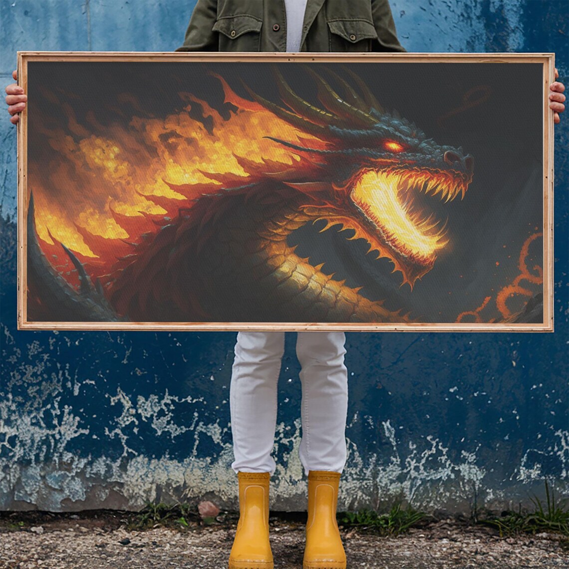 Fire Breathing Dragon Head Fantasy Art Fiery Horned Dragon Dark Wall Poster - Image 5