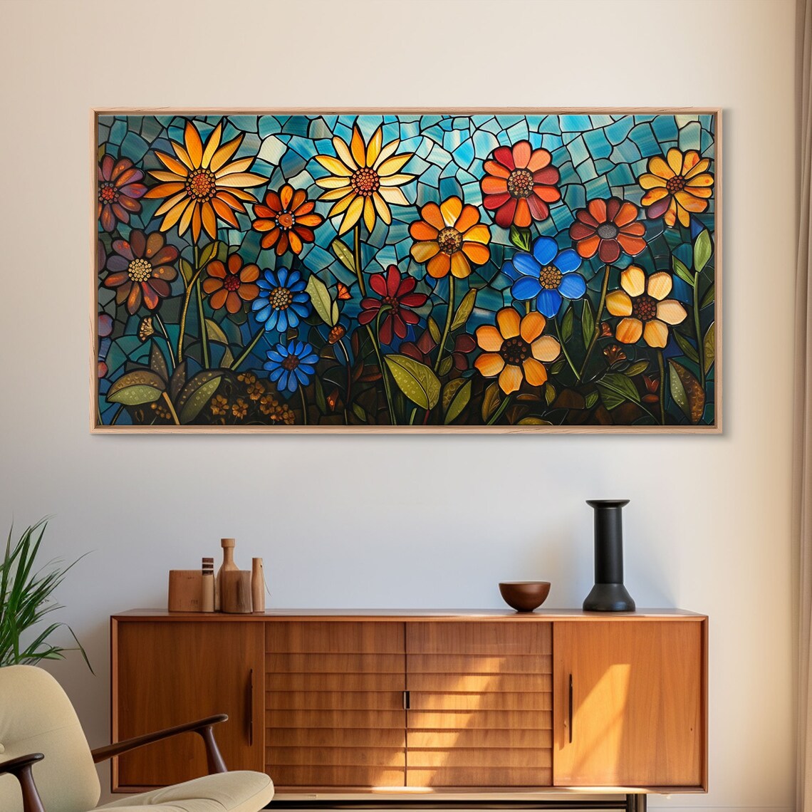 Stained Glass Wildflowers Sunflowers Daisies Mosaic Bloom Art Poster