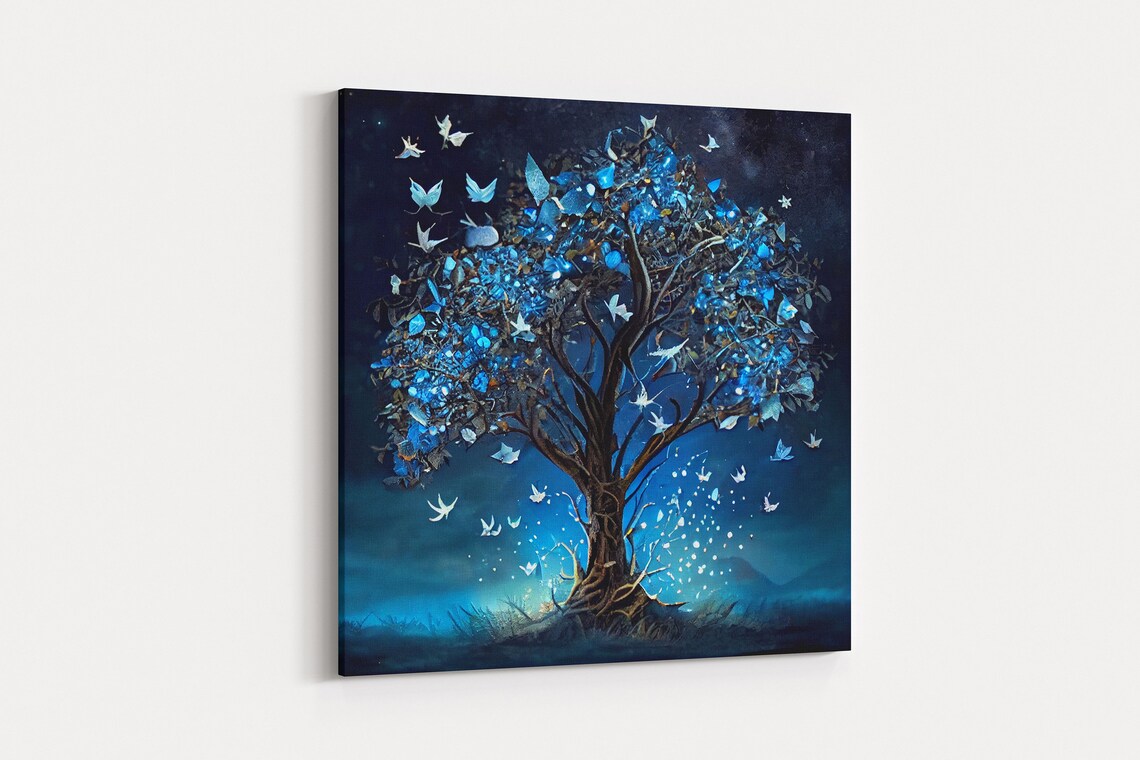 Glowing Blue Butterflies In A Fantasy Tree, Art Print - Image 5