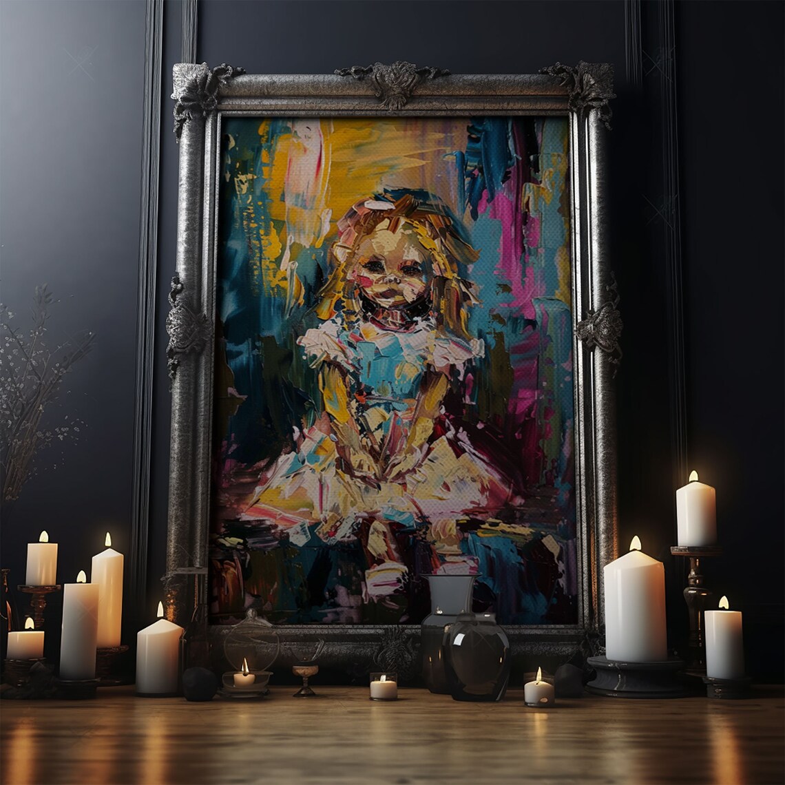 Whimsical Creepy Ghost Girl Abstract Impasto Halloween Art Poster - Image 4