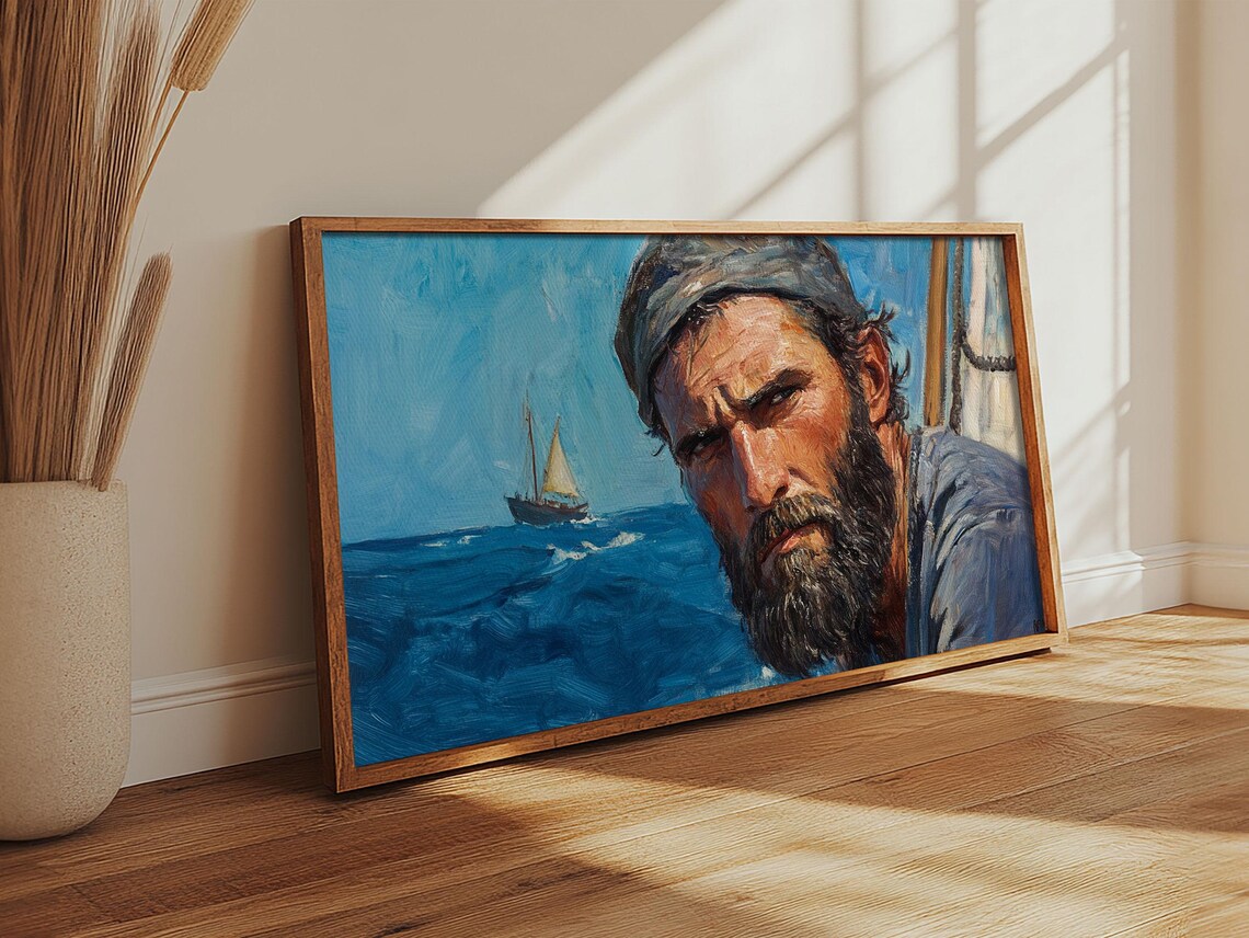 Bearded Fisherman Portrait Oil Painting Sea Captain with Sailboat Wall Art - Image 4
