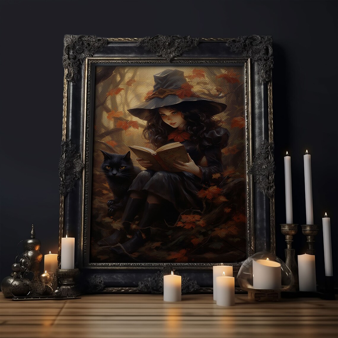 Cute Little Witch and Cat, Vintage Halloween Art Print