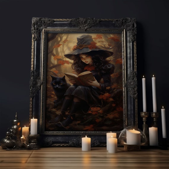 Cute Little Witch and Cat, Vintage Halloween Art Print