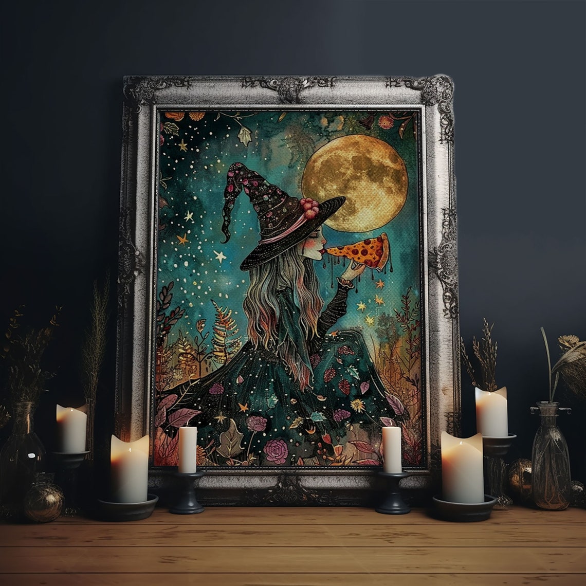 Whimsical Witch Eating Pizza Slice Under Full Moon Funny Art Poster