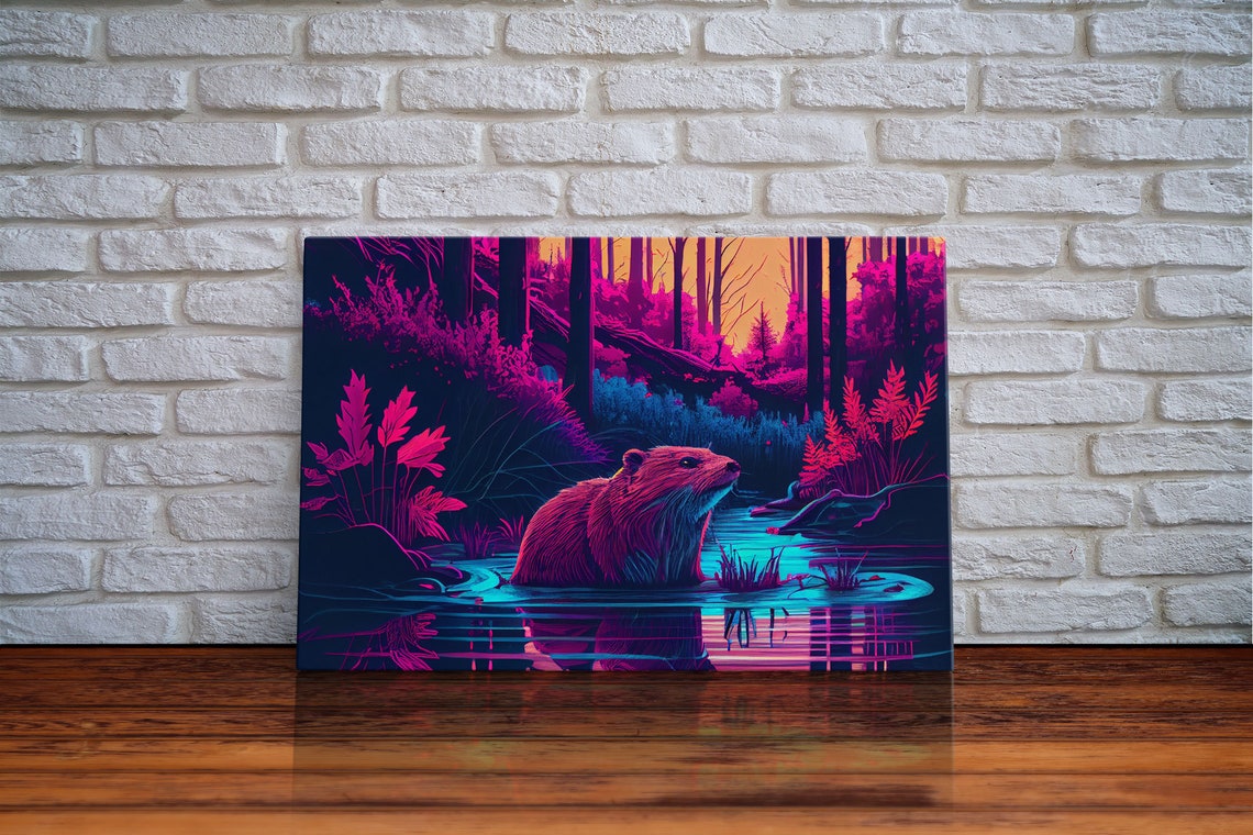 Vaporwave Beaver River Night Neon Pink Forest Reflection Poster - Image 6