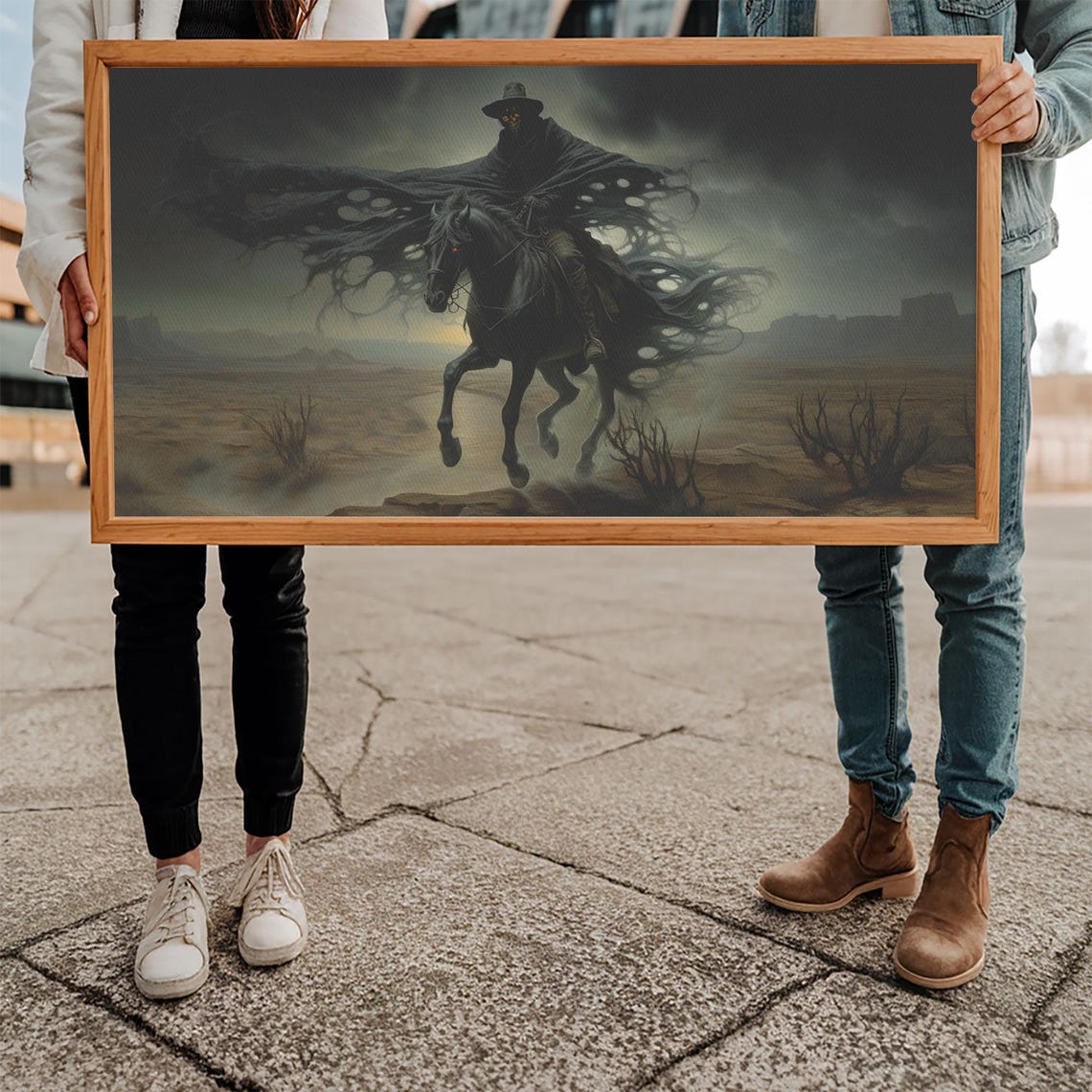 Grim Reaper Cowboy Riding Black Horse Through Dark Desert Poster
