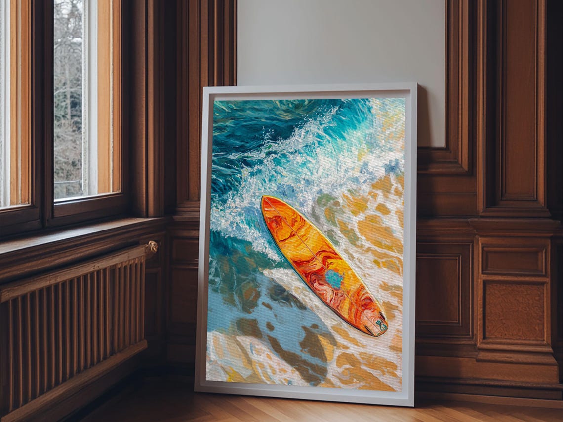 Orange Surfboard Floating Turquoise Ocean Aerial Beach Surf Art Poster - Image 2