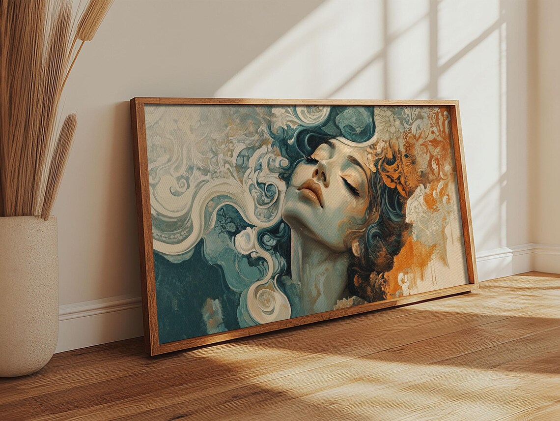 Art Nouveau Woman Flowing Hair Teal Orange Swirls Feminine Wall Poster - Image 6