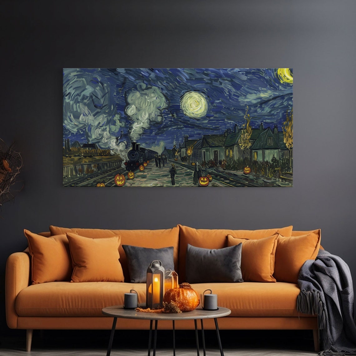 Starry Night Inspired Haunted Steam Train Framed Print Spooky Halloween Wall Art - Image 3