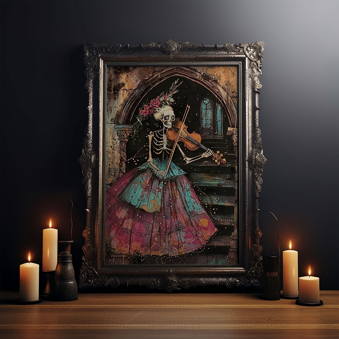 Gothic Skeleton Violinist Elegant Floral Gown Dark Archway Halloween Poster - Image 3