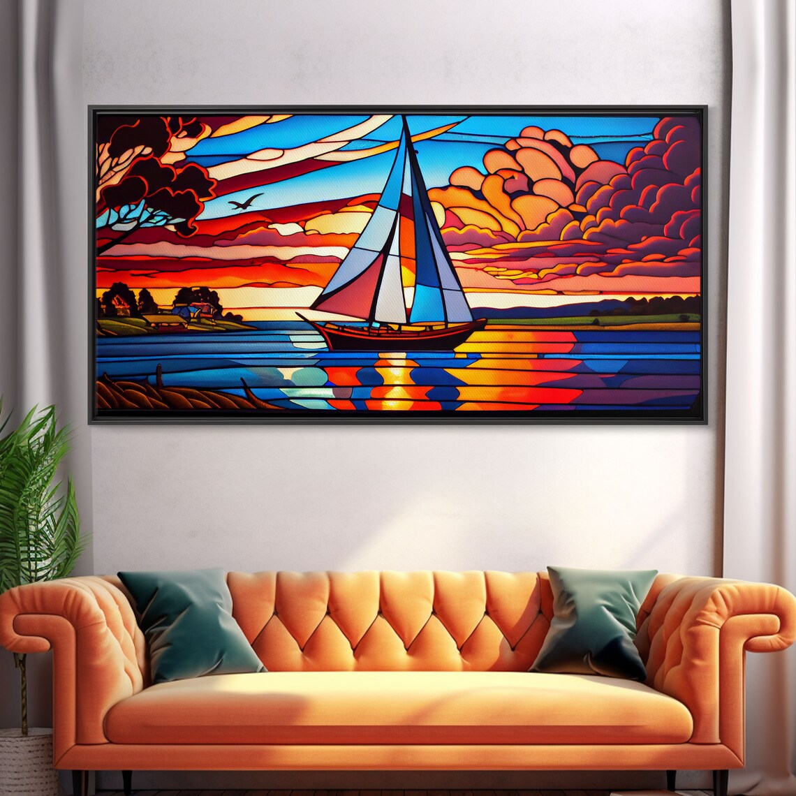 Stained Glass Art Deco Sail Boat, Nautical Art Print - Image 5