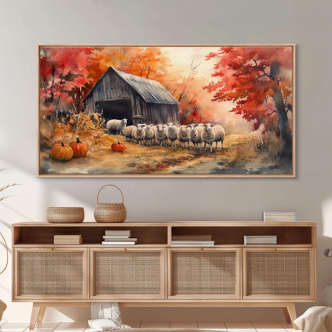 Woolly Sheep Flock By Old Barn With Pumpkins Autumn Art Print - Image 6