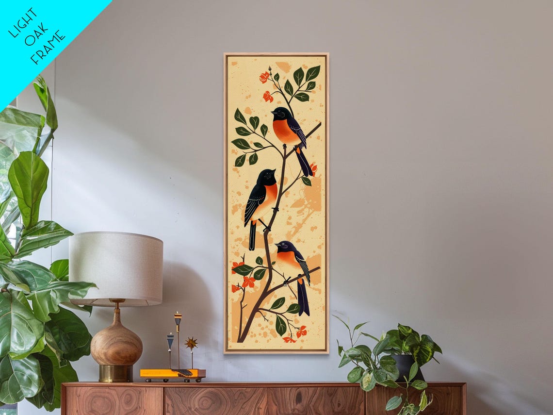 Three Songbirds Flowering Branch Folk Illustration Art Poster