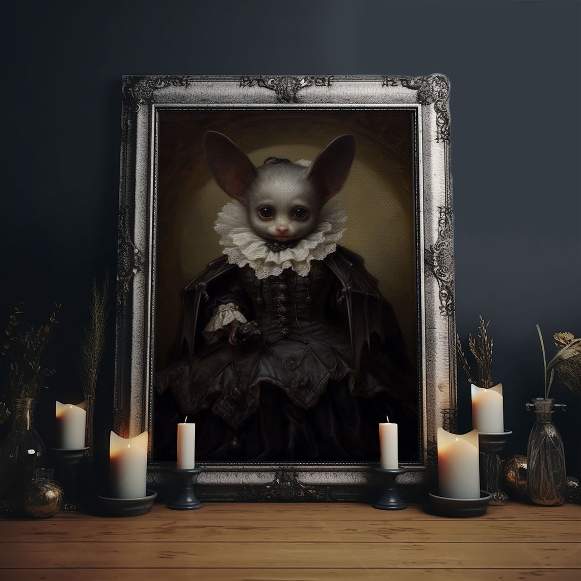 Cute Vampire Bat In Victorian Dress With Lace Collar Halloween Print