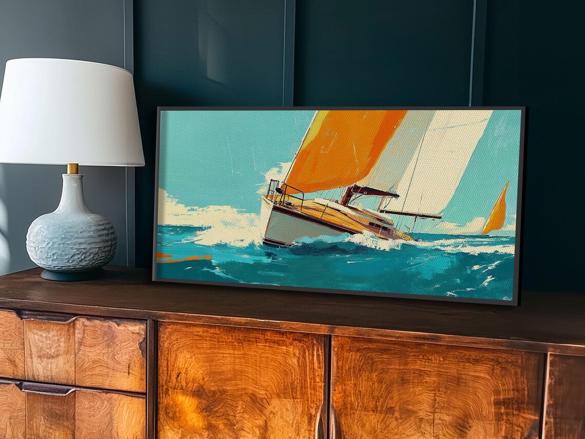 Retro Sailboat Racing Poster Orange Sail on Turquoise Waves Beach Print - Image 6