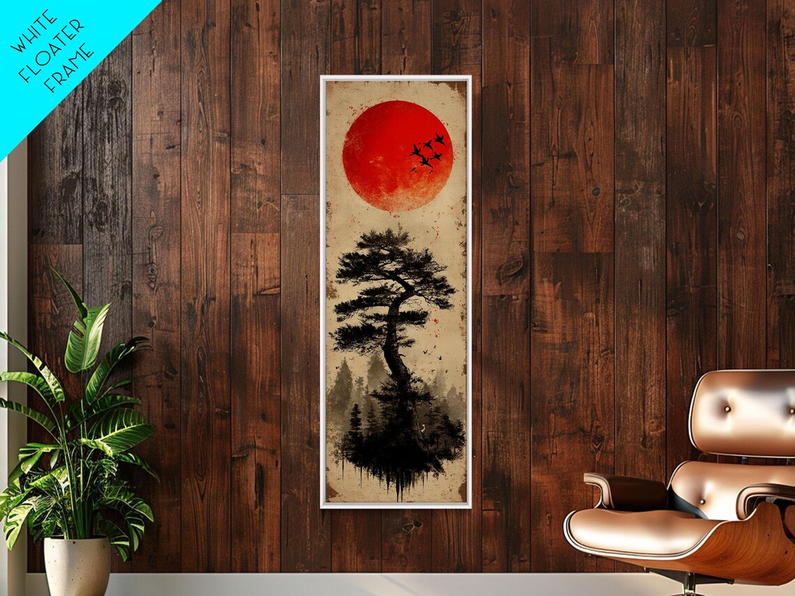 Japanese Red Sun Ink Pine Tree Birds Zen Minimalist Rustic Vertical Poster - Image 6