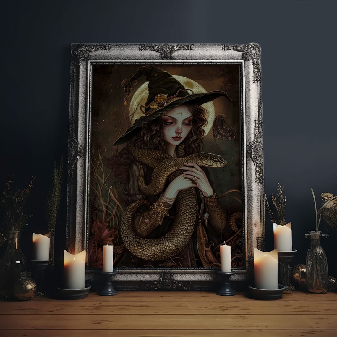 Witch Holding Snake Under Full Moon, Gothic Art Print