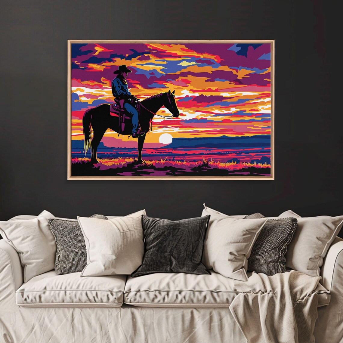 Wild West Cowboy Horseback Sunset Neon Pop Art Silhouette Art Poster - Image 4
