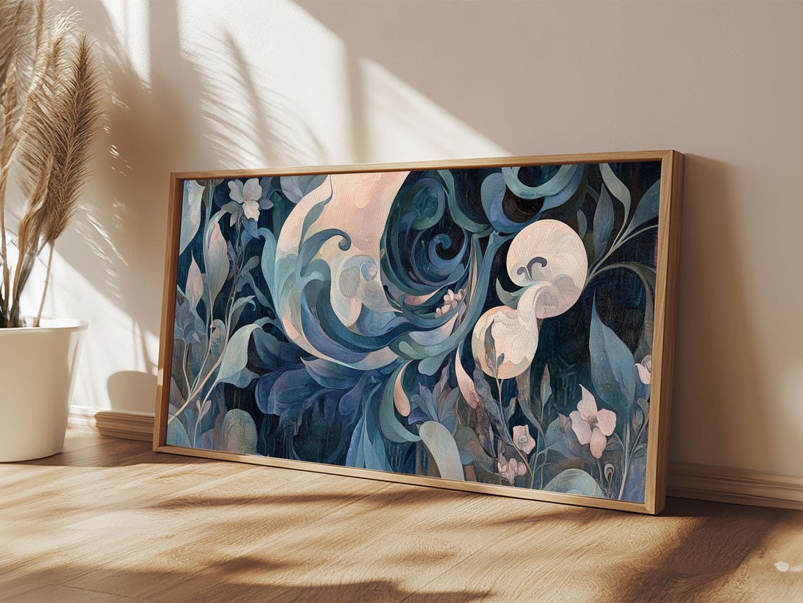 Moody Blue Art Nouveau Floral Moonlit Botanical Dark Wall Poster - Image 3