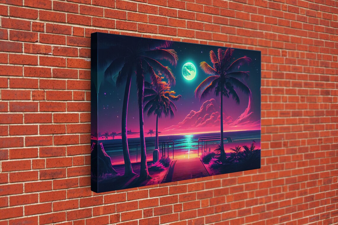 Outrun Style Full Moon Beach, Synthwave Art Print - Image 3