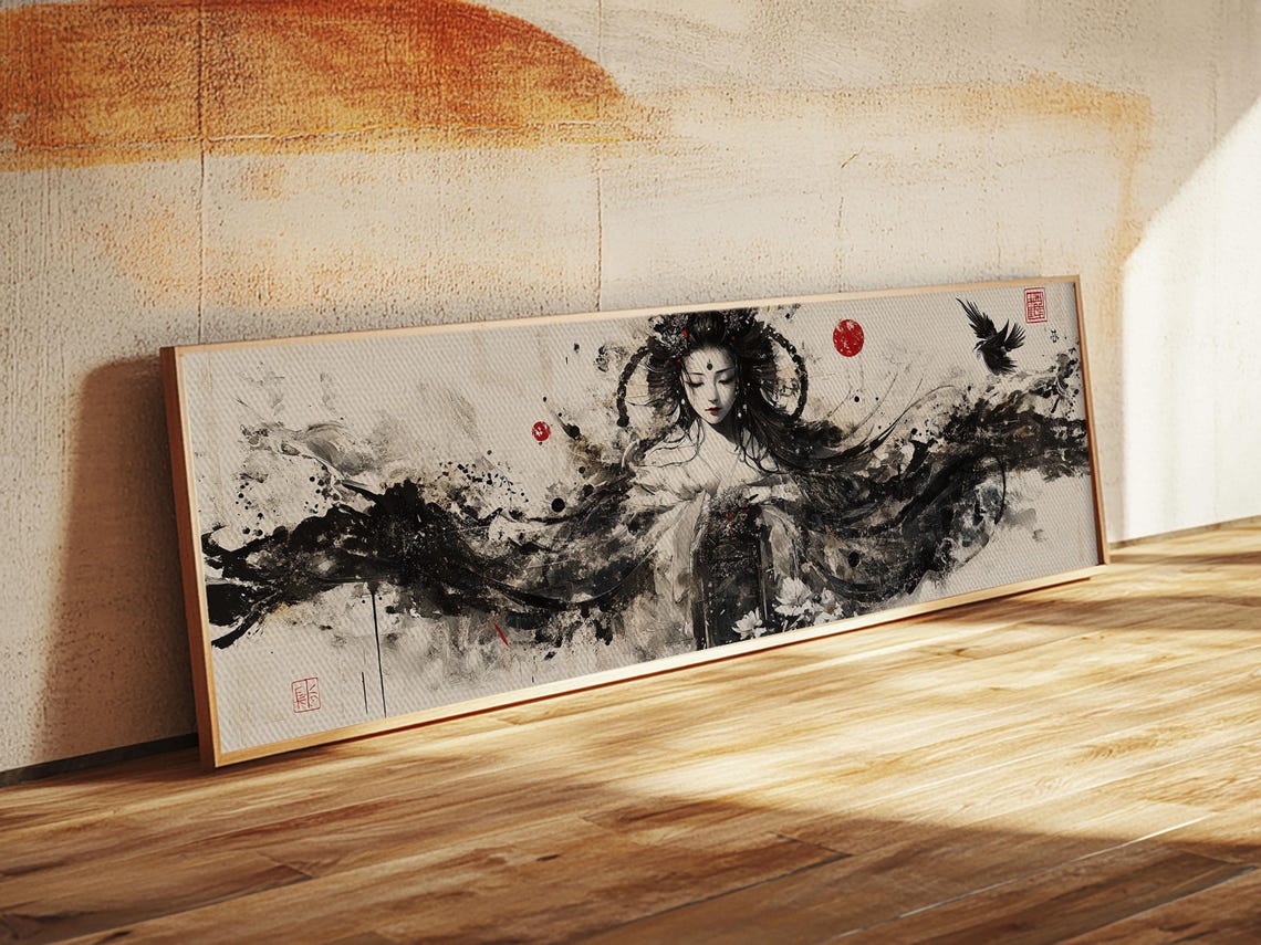 Ethereal Ink Wash Goddess Panoramic Japanese Style Dark Zen Art Poster