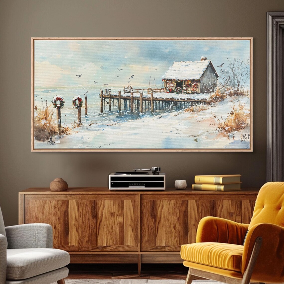 Snowy Fishing Pier Christmas Wreaths Seaside Holiday Art Print - Image 2
