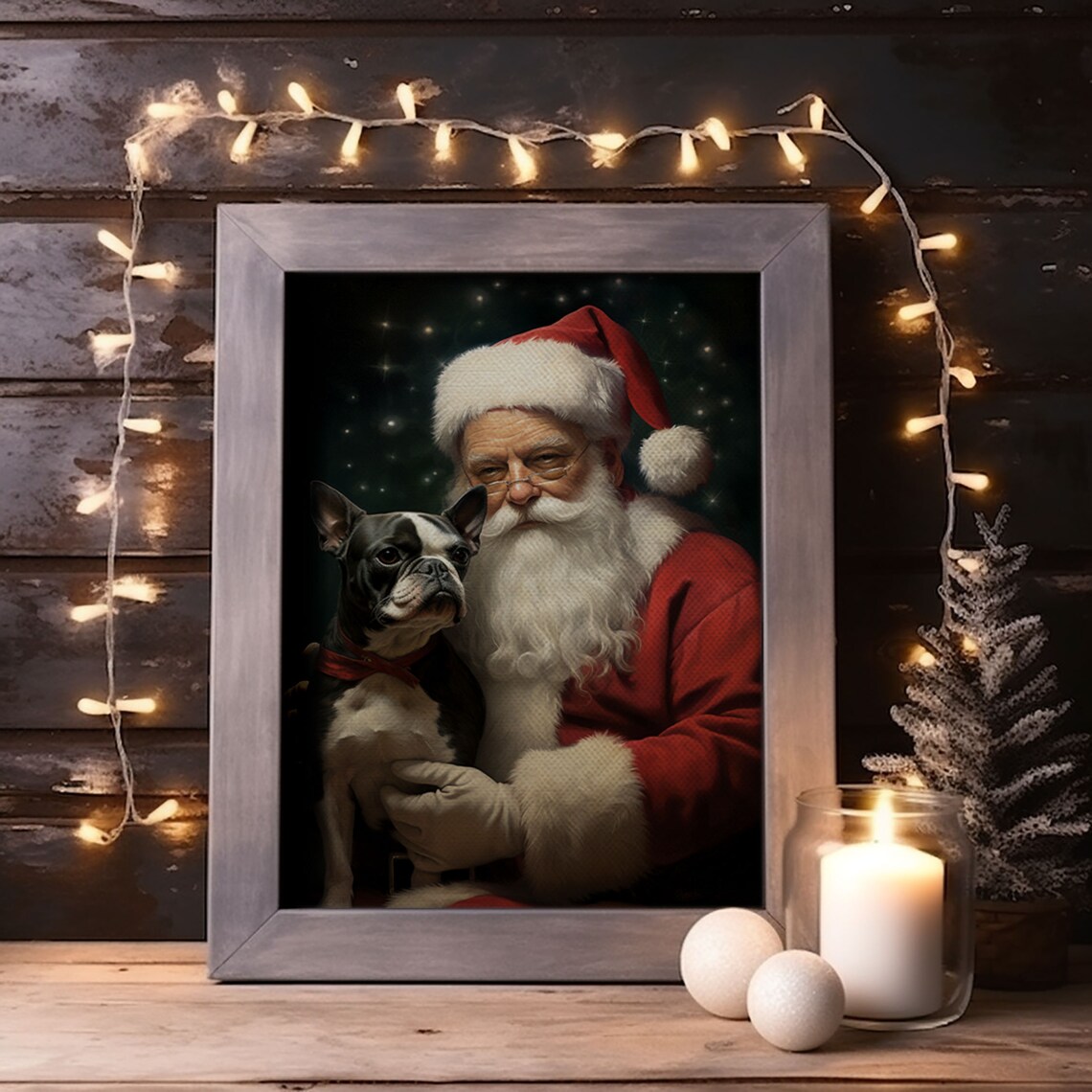 Santa Claus and Boston Terrier Christmas Art Print - Image 5
