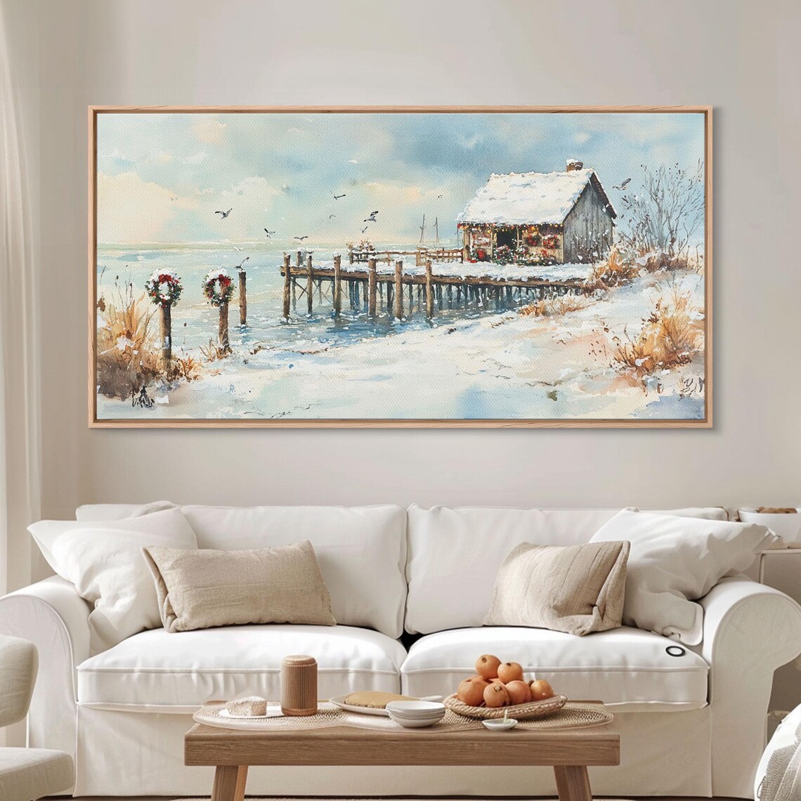Snowy Fishing Pier Christmas Wreaths Seaside Holiday Art Print - Image 3
