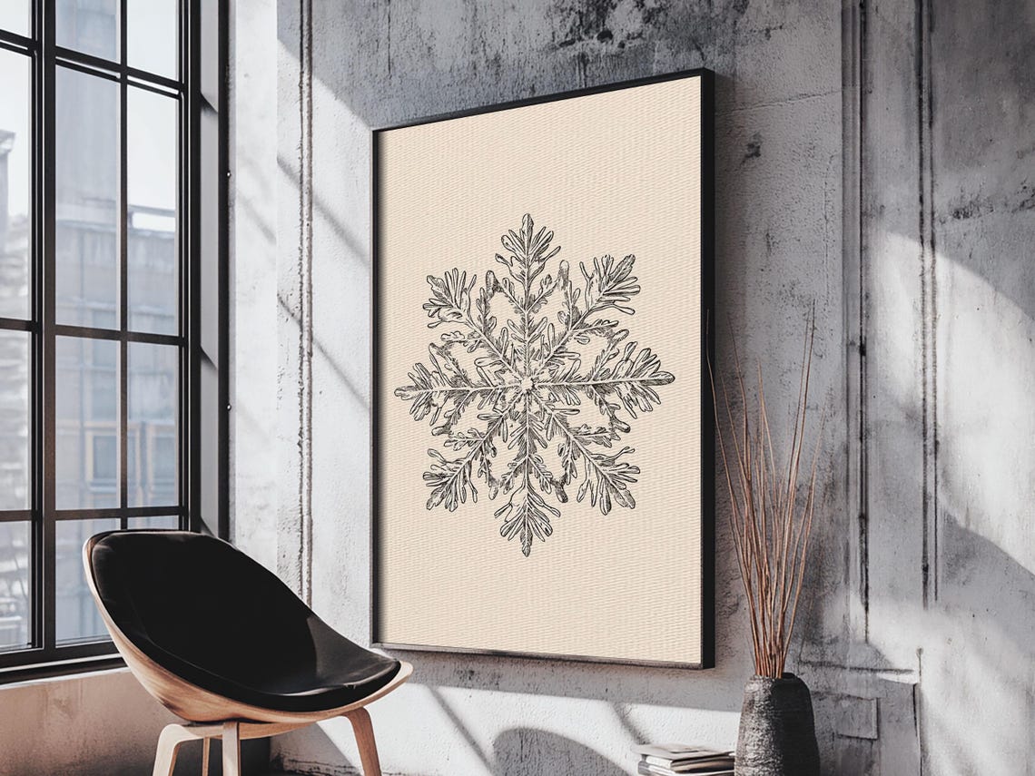 Detailed Vintage Snowflake Engraving Winter Botanical Wall Art Print