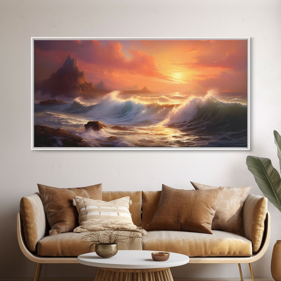 Crashing Waves Rocky Cliffs At Sunset Dramatic Seascape Art Poster - Image 5
