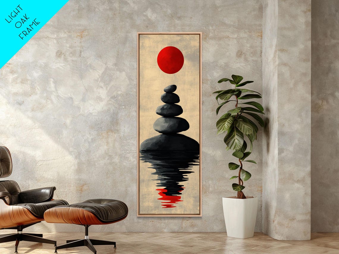 Zen Balanced Stone Cairn Red Sun Japanese Minimalist Wall Art Poster - Image 5