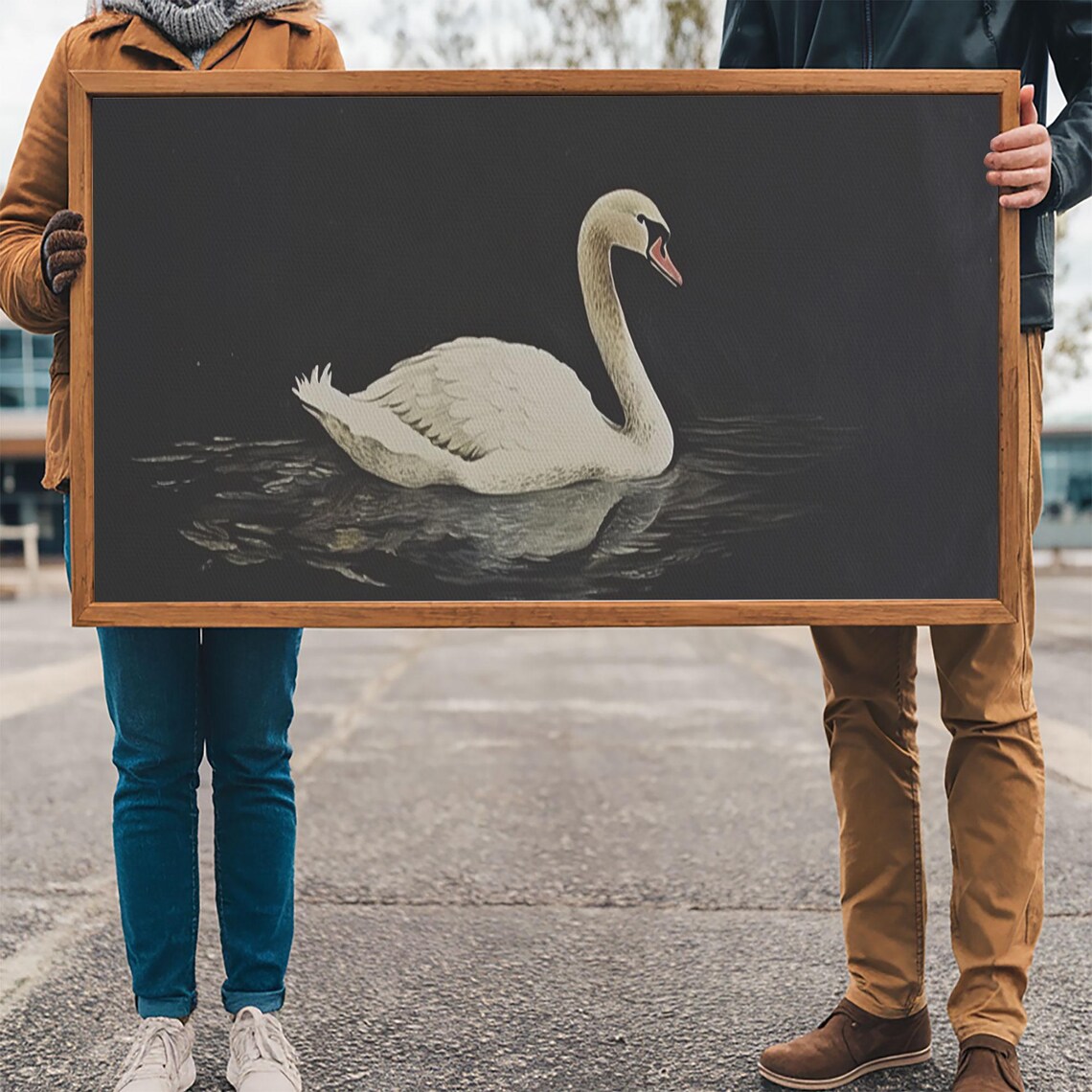 White Swan Swimming Dark Water Minimalist Vintage Bird Wall Art Poster - Image 3