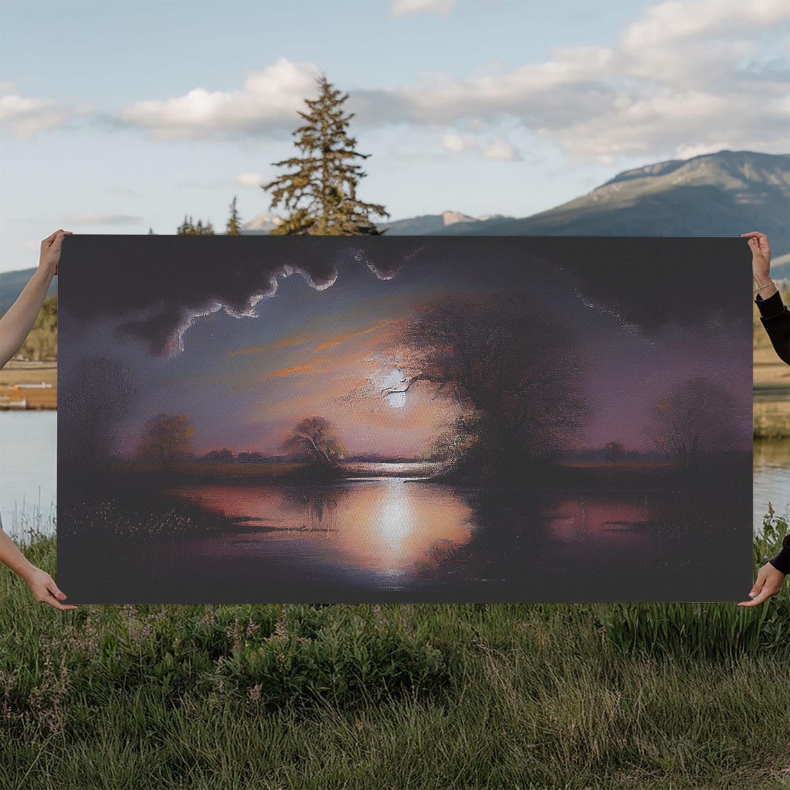 Dark Moody Moonlit Lake Stormy Purple Clouds Reflection Vintage Poster