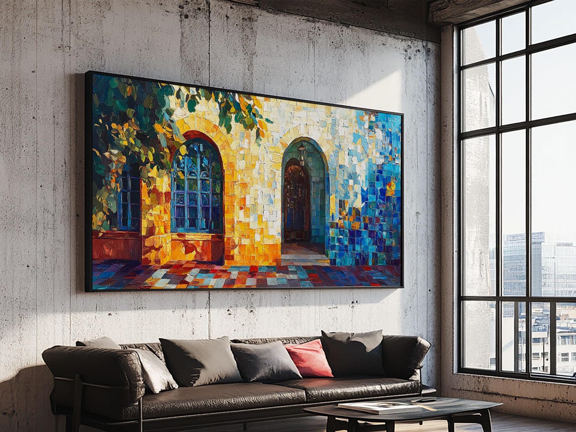 Sunlit Arched Windows Mosaic Blue Gold Mediterranean Tile Art Poster - Image 5