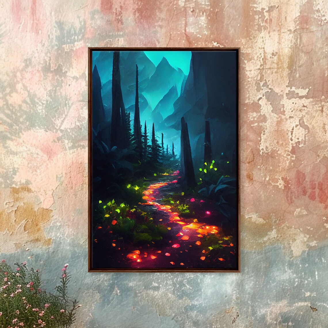 Luminescent Magical Forest Print Glowing Trail Though The Trees Fantasy Art Gloomy Wall Art Dark Decor - Image 3