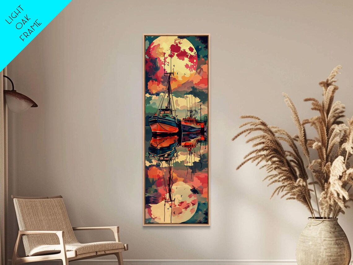 Vibrant Colorful Fishing Boats Full Moon Night Harbor Art Poster - Image 2