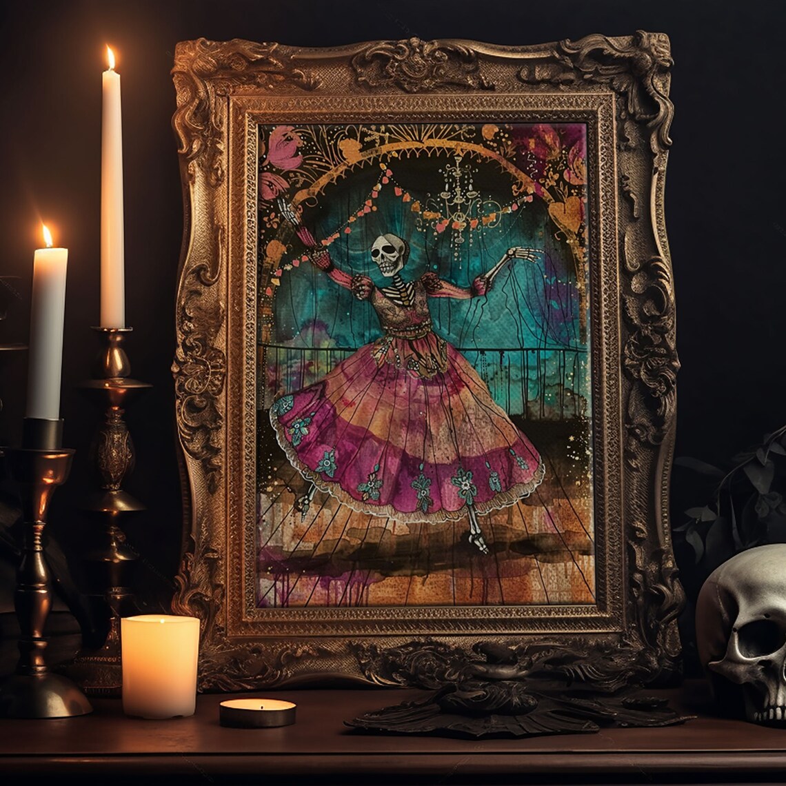 Skeleton Dancer Vibrant Magenta Dress Day Of Dead Art Poster - Image 6