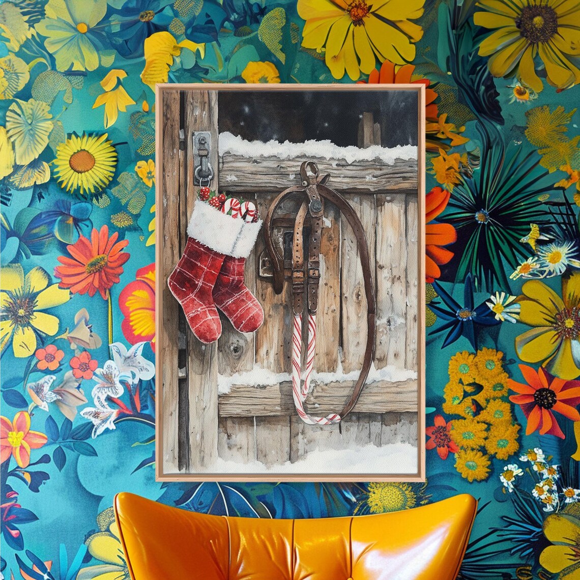 Wild West Christmas Art Print, Cowboy Stirrups & Stockings - Image 4