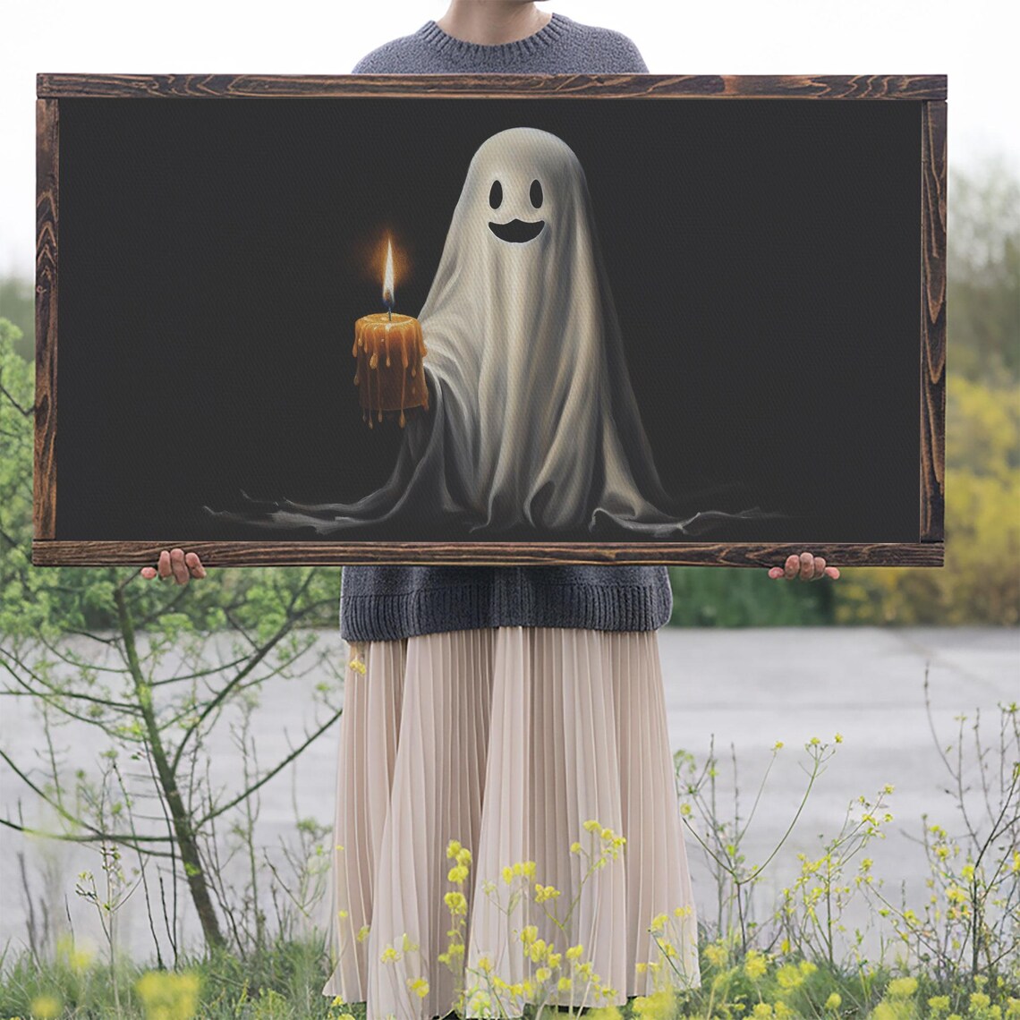 Smiling Ghost Holding Candle Cute Halloween Oil Painting Dark Poster - Image 2