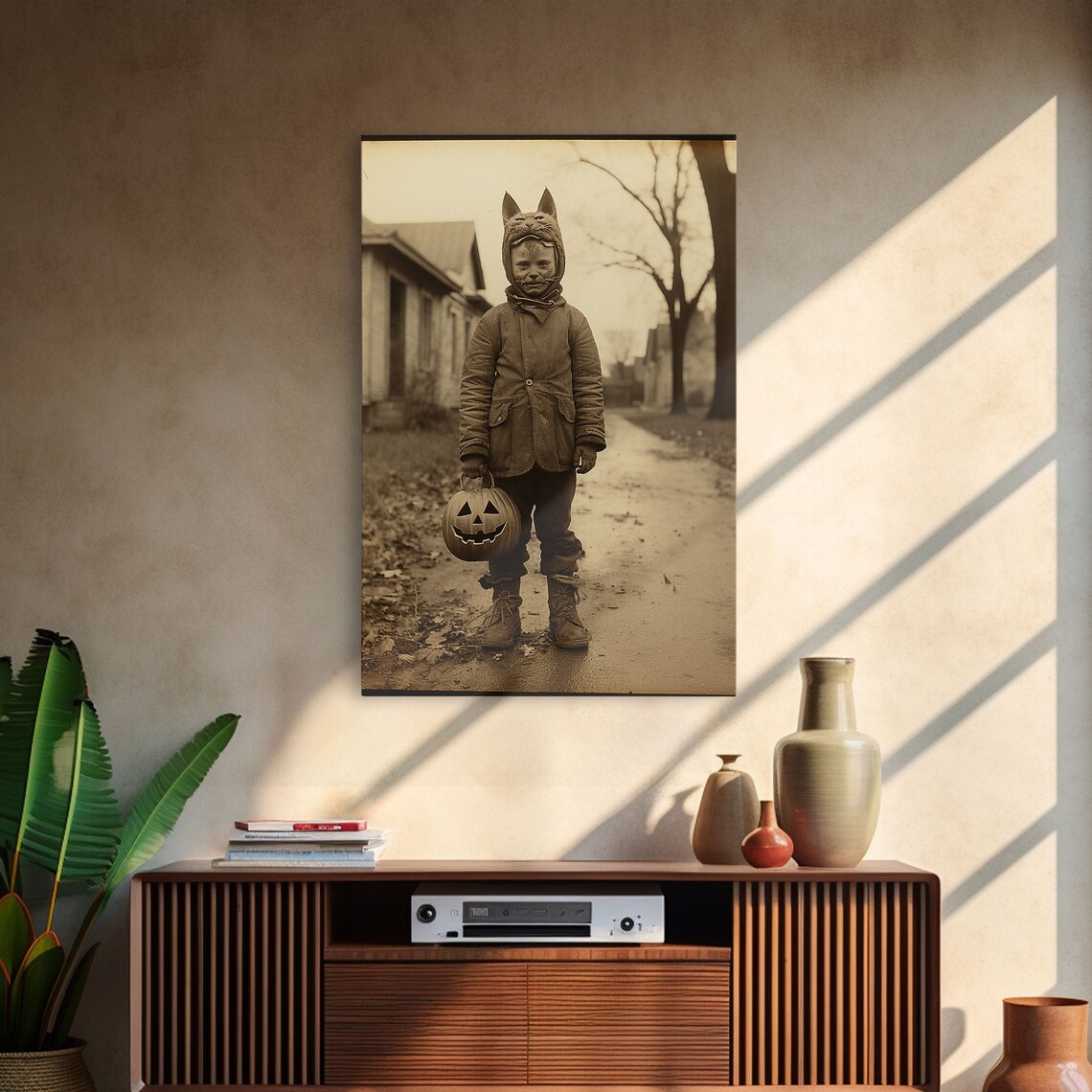 Vintage Halloween Photo Child Cat Costume Pumpkin Trick Or Treat Art Poster - Image 3