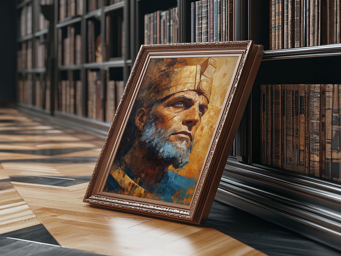 Ancient Warrior King Golden Crown Bearded Ruler Epic Portrait Wall Art - Image 3