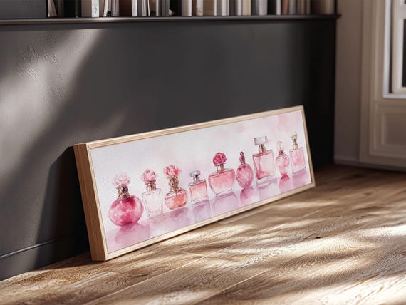 Framed Print Perfume Bottle Art Pink Abstract Art Feminine Decor Gift Idea Minimalist Living Room Wall Art Horizontal Painting