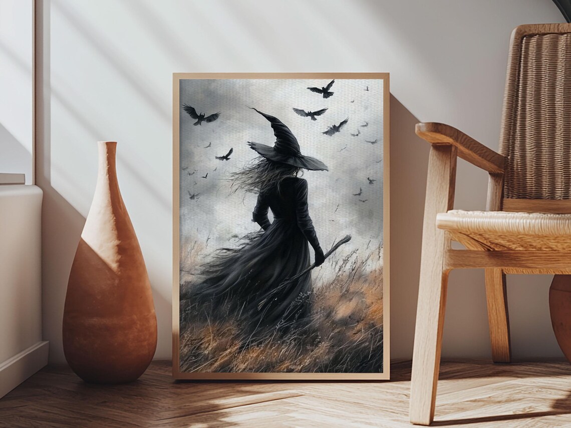 Gothic Witch With Crows Dark Field Spooky Halloween Wall Art Print Poster - Image 4