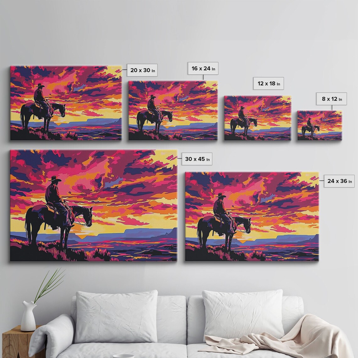 Wild West Cowboy at Sunset Neon Pop Art Horse Silhouette Art Poster - Image 2