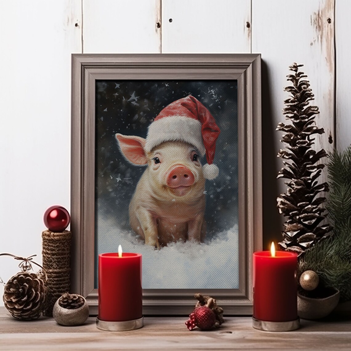 Christmas Pig in a Santa Hat, Vintage Art Print - Image 3