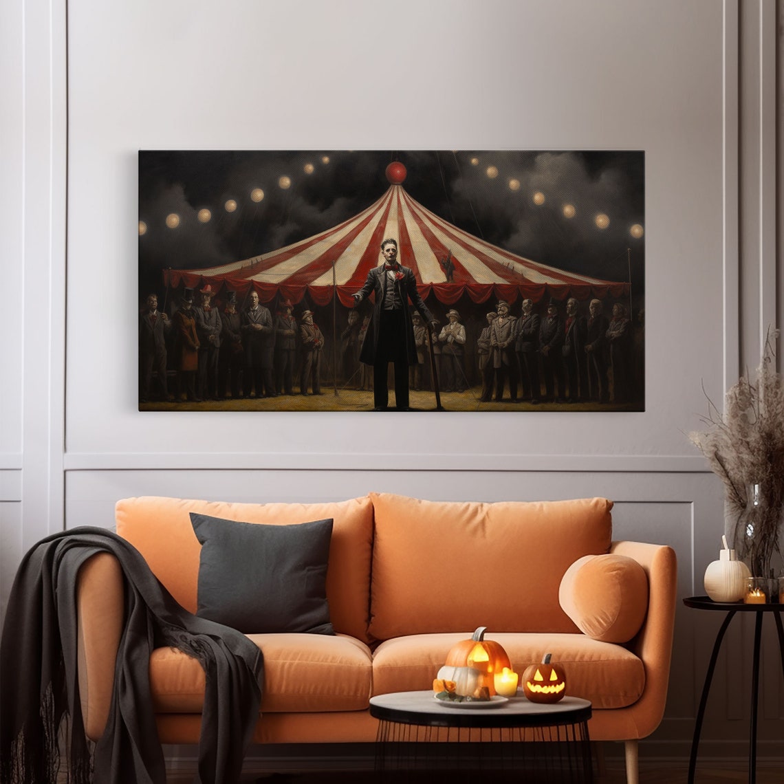 Creepy Ringmaster Before Red Striped Circus Tent At Night Print